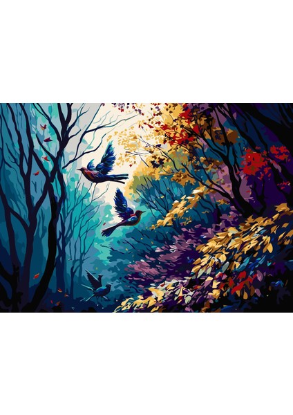 Kuşlarla Dolu Bir Orman Çerçeveli Sayılarla Boyama Seti 40 x 50 cm