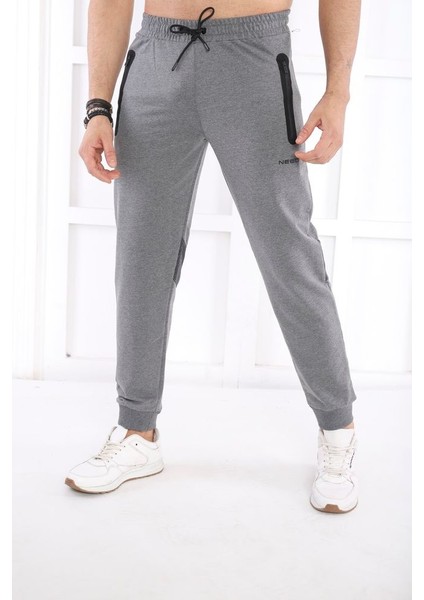 Erkek Gri Cepleri Fermuarlı Slim Fit Eşofman Altı