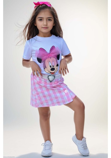 Kız Çocuk Minnie Baskı ve Üzeri Tül Fiyonk Detaylı Tişört Ekose Desen Etekli Takım