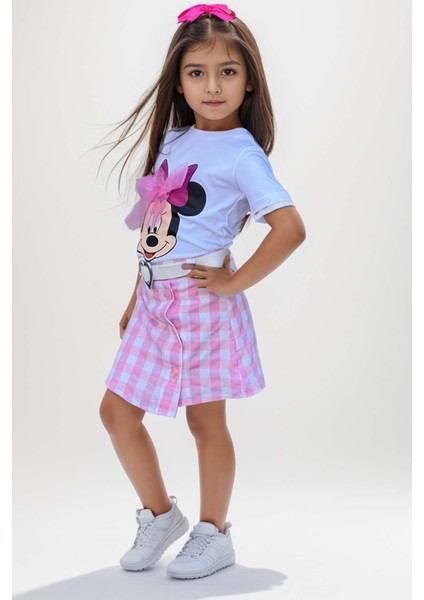 Kız Çocuk Minnie Baskı ve Üzeri Tül Fiyonk Detaylı Tişört Ekose Desen Etekli Takım fiyatları
