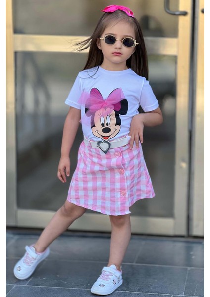 Kız Çocuk Minnie Baskı ve Üzeri Tül Fiyonk Detaylı Tişört Ekose Desen Etekli Takım modelleri