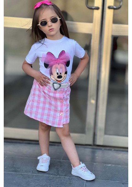 Kız Çocuk Minnie Baskı ve Üzeri Tül Fiyonk Detaylı Tişört Ekose Desen Etekli Takım fırsatları