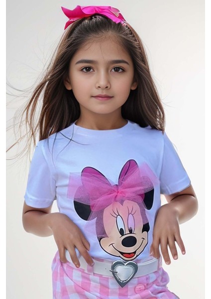 Kız Çocuk Minnie Baskı ve Üzeri Tül Fiyonk Detaylı Tişört Ekose Desen Etekli Takım indirimleri