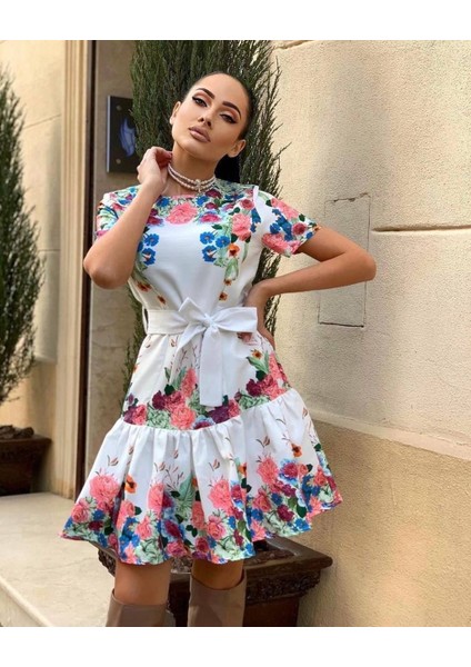 Kadın Atlas Kumaş Dijital Baskılı Kuşak Detaylı Eteği Fırfırlı Elbise