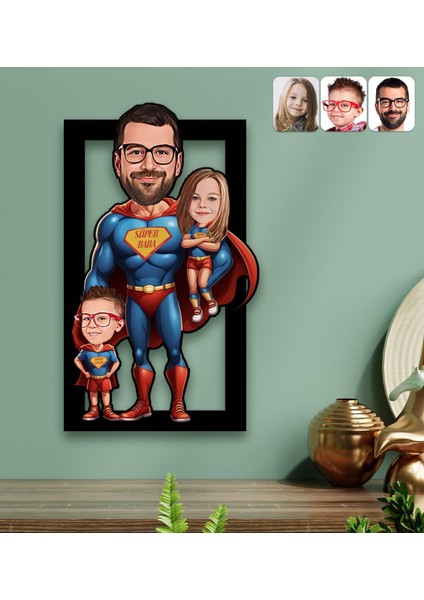Kişiye Özel Süper Baba-Çocuk Karikatürlü 3D Ahşap Tablo-3, Babalar Günü Hediyesi, Babaya Hediye