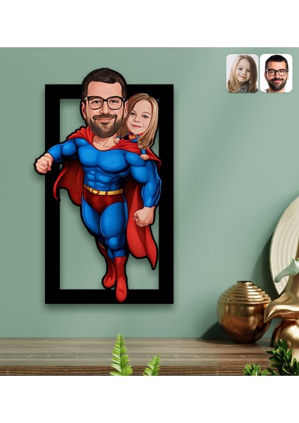 Gift Kişiye Özel Süper Baba-Çocuk Karikatürlü 3D Ahşap Tablo-4, Babalar Günü Hediyesi, Babaya Hediye