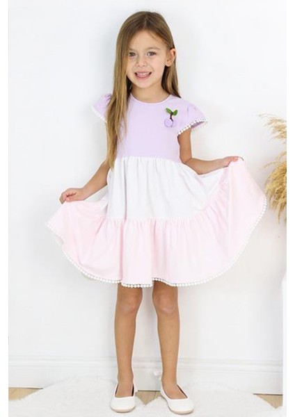 Kiraz Detaylı Pamuk Koton Renkli Kız çocuk elbise - Lila