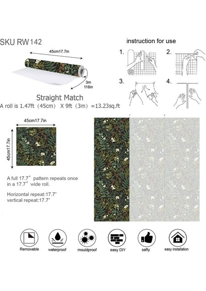 Yeşil Bitki ve Çiçek Serisi Çıkarılabilir Kendinden Yapışkanlı Duvar KAĞIDI(300CM*45CM) (Yurt Dışından)