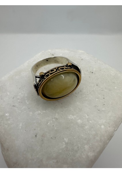 Kehribar Taşlı Oval Gümüş Erkek Yüzük