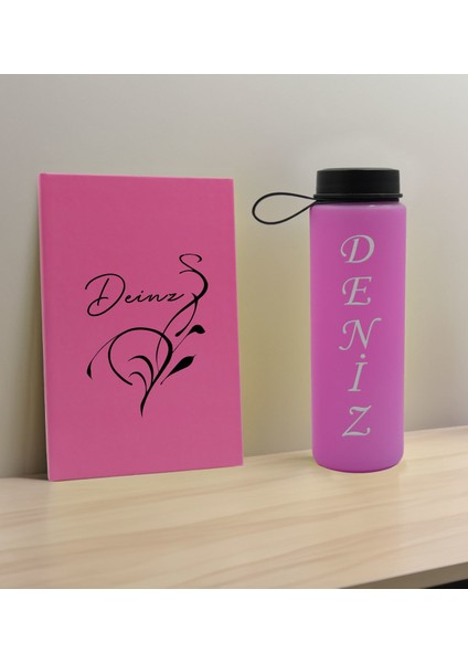 Kişiye Özel Isimli Pembe Defter ve Cam Matara Hediye Seti-6, Sevgiliye Hediye, Arkadaşa Hediye, Yeni Iş Hediyesi