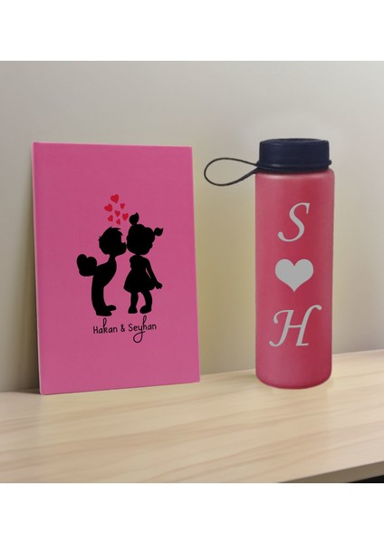 Sevgiliye Özel Isimli Pembe Defter ve Fuşya Cam Matara Hediye Seti-16, Sevgiliye Hediye, Sevgililer Günü, Yeni iş hediyesi