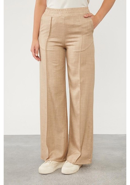 Pudra Belli Lastikli Çizgi Detay Pantolon