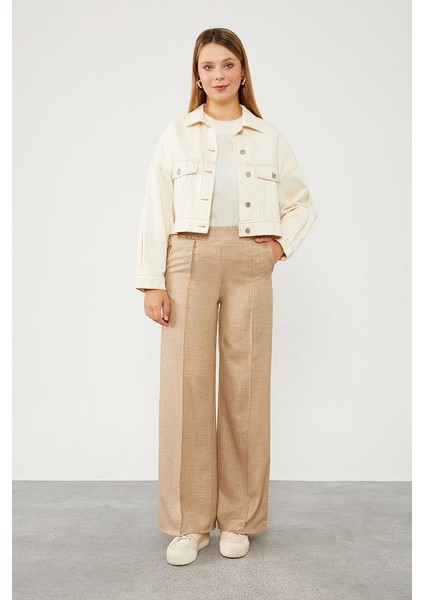 Pudra Belli Lastikli Çizgi Detay Pantolon modelleri