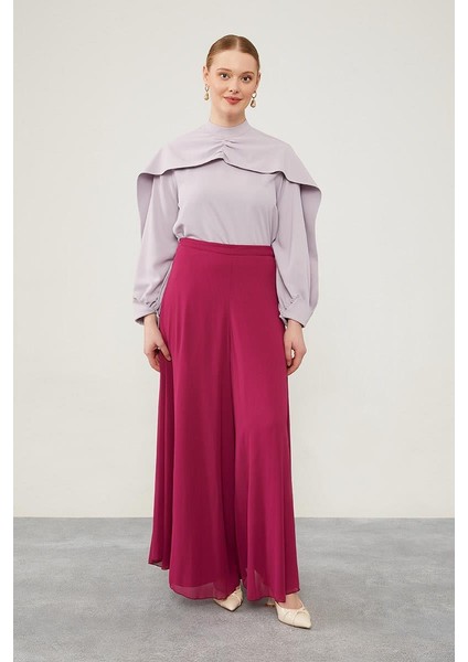 Fuşya Geniş Paçalı Şifon Pantolon