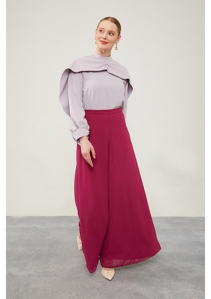 Fuşya Geniş Paçalı Şifon Pantolon