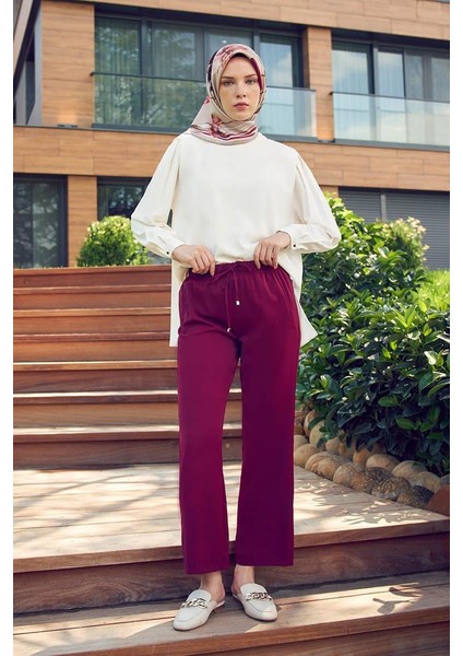 Bordo Beli Lastikli Spor Pantolon