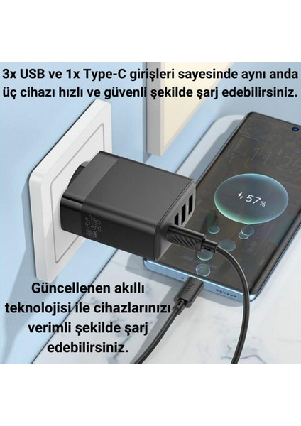 Süper Hızlı 45W 3x Usb, 1x Type-C Şarj Başlığı, Yüksek Isı,akım ve Voltaj Korumalı Adaptör