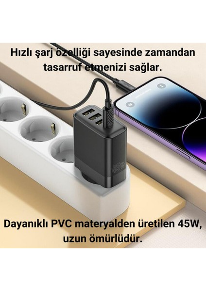 Süper Hızlı 45W 3x Usb, 1x Type-C Şarj Başlığı, Yüksek Isı,akım ve Voltaj Korumalı Adaptör