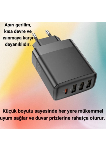 Süper Hızlı 45W 3x Usb, 1x Type-C Şarj Başlığı, Yüksek Isı,akım ve Voltaj Korumalı Adaptör