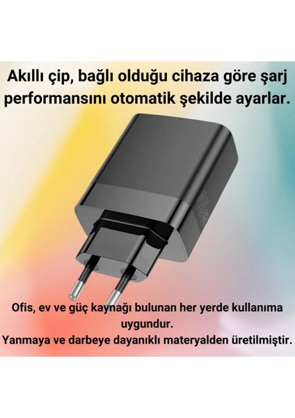 Süper Hızlı 45W 3x Usb, 1x Type-C Şarj Başlığı, Yüksek Isı,akım ve Voltaj Korumalı Adaptör