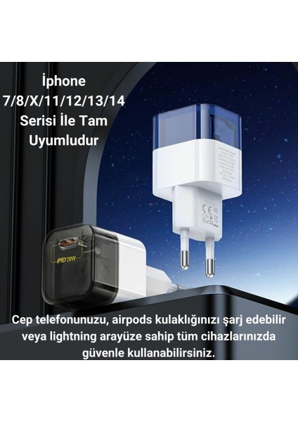 Süper Hızlı 20W 1x Type-C Şarj Başlığı ve 1 mt 20W Type C To Lightning Kablolu Şarj Aleti