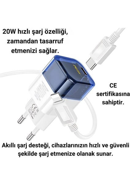 Süper Hızlı 20W 1x Type-C Şarj Başlığı ve 1 mt 20W Type C To Lightning Kablolu Şarj Aleti