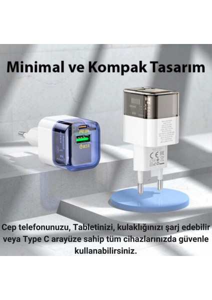 Süper Hızlı 20W 1x Usb, 1x Type-C Şarj Başlığı, Yüksek Isı,akım ve Voltaj Korumalı Adaptör