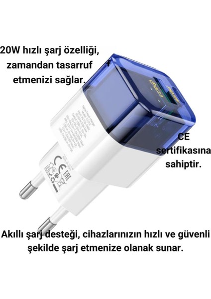 Süper Hızlı 20W 1x Usb, 1x Type-C Şarj Başlığı, Yüksek Isı,akım ve Voltaj Korumalı Adaptör