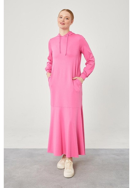 Fuşya Kapuşonlu Gizli Cep Detaylı Elbise