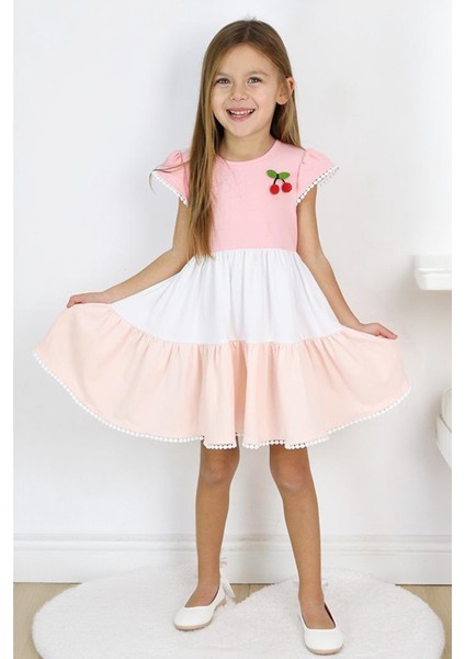 Kiraz Detaylı Pamuk Koton Renkli Kız çocuk elbise - Mercan