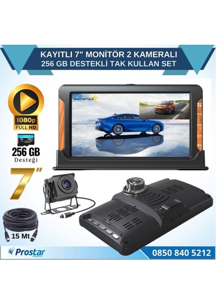 Kayıtlı 7 Inç Monitör 2 Kameralı Dashcam 256 GB Destekli 15