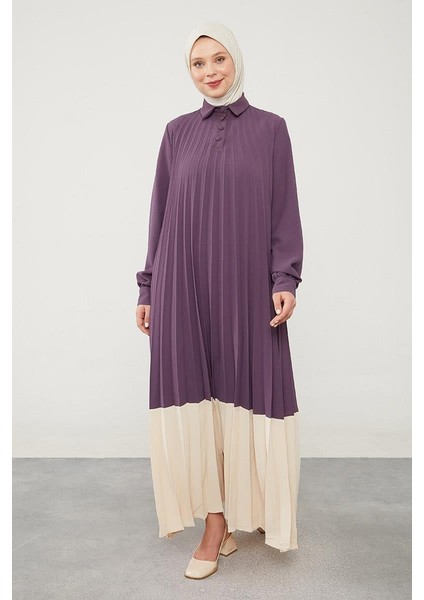 Lila Pliseli Çift Renk Kemerli Elbise