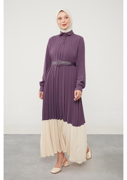 Lila Pliseli Çift Renk Kemerli Elbise fiyatları