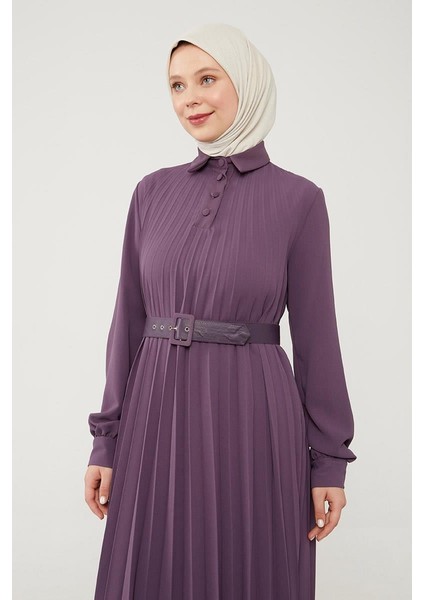 Lila Pliseli Çift Renk Kemerli Elbise modelleri