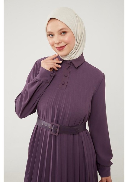 Lila Pliseli Çift Renk Kemerli Elbise fırsatları