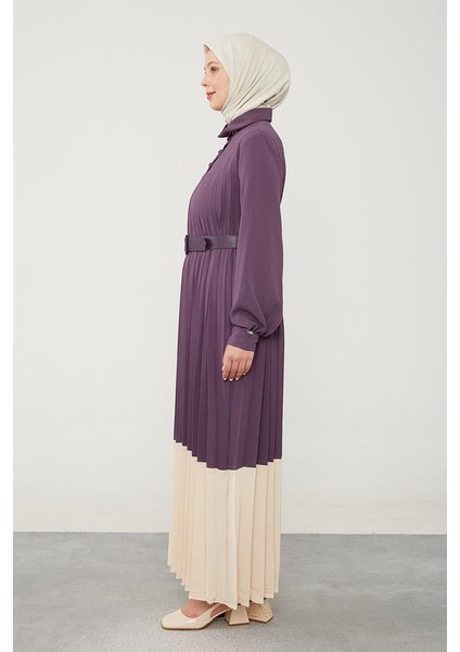 Lila Pliseli Çift Renk Kemerli Elbise indirimleri