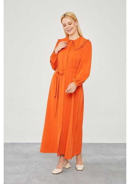 Kiremit Yakası Fırfır Detaylı Elbise