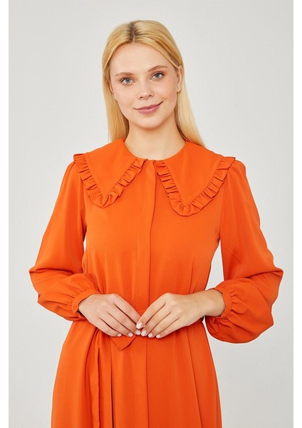 Kiremit Yakası Fırfır Detaylı Elbise fiyatları