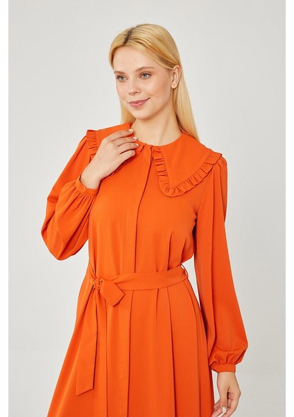 Kiremit Yakası Fırfır Detaylı Elbise modelleri