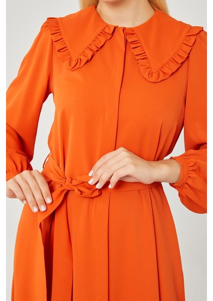 Kiremit Yakası Fırfır Detaylı Elbise fırsatları