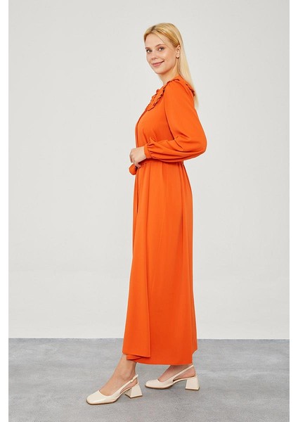 Kiremit Yakası Fırfır Detaylı Elbise indirimleri