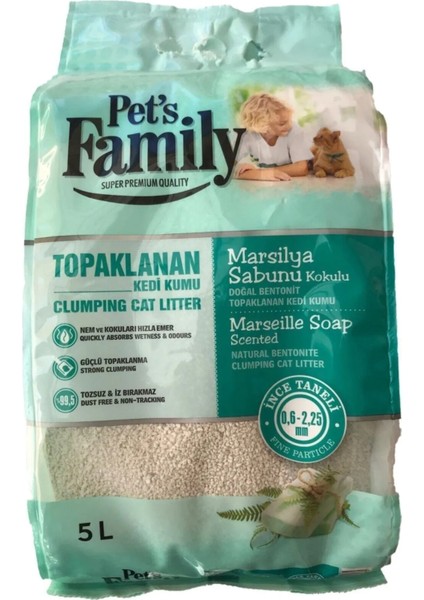 Pets Family Topaklanan Marsilya Sabunu Kokulu Doğal Bentonit Ince Taneli Premium Kedi Kumu 5 lt