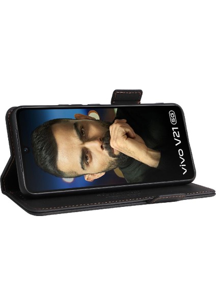 Mays Shop Vivo V21 Deri Folio Flip Case Için Kılıf Kart ile Tam Koruma (Yurt Dışından)