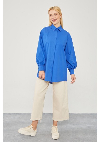 Saks Oversize Balon Kol Poplin Gömlek