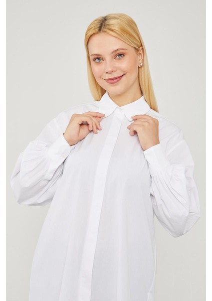 Ekru Oversize Balon Kol Poplin Gömlek modelleri