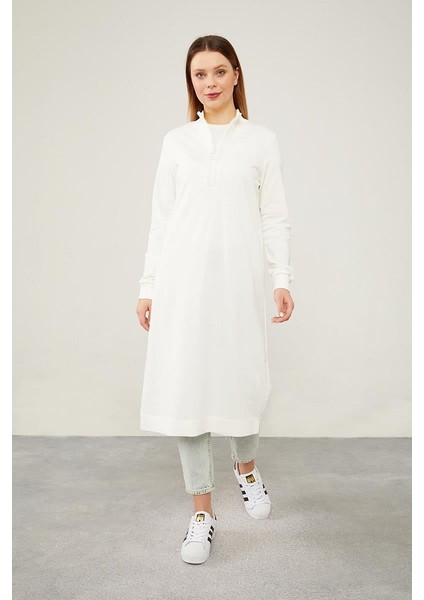 Ekru Dik Yaka Fermuar Kapamalı Tunik