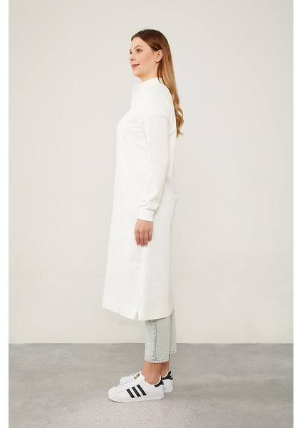 Ekru Dik Yaka Fermuar Kapamalı Tunik modelleri