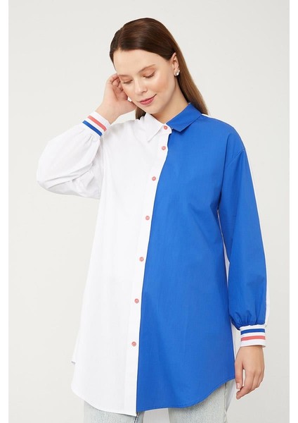 Ekru-Saks Çift Renk Ribanalı Poplin Gömlek fiyatları