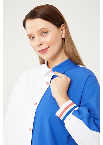 Ekru-Saks Çift Renk Ribanalı Poplin Gömlek modelleri