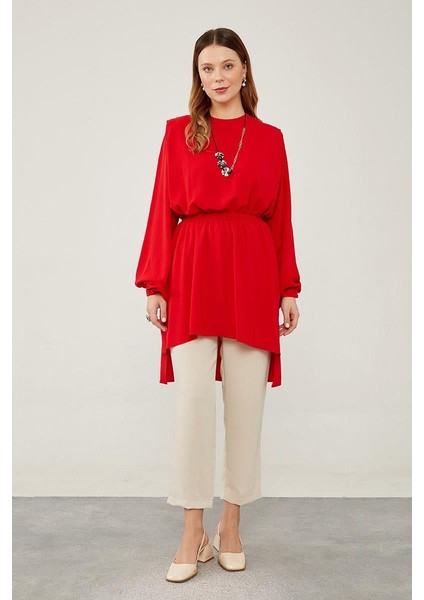 Kırmızı Belli Kendinden Büzgülü Tunik